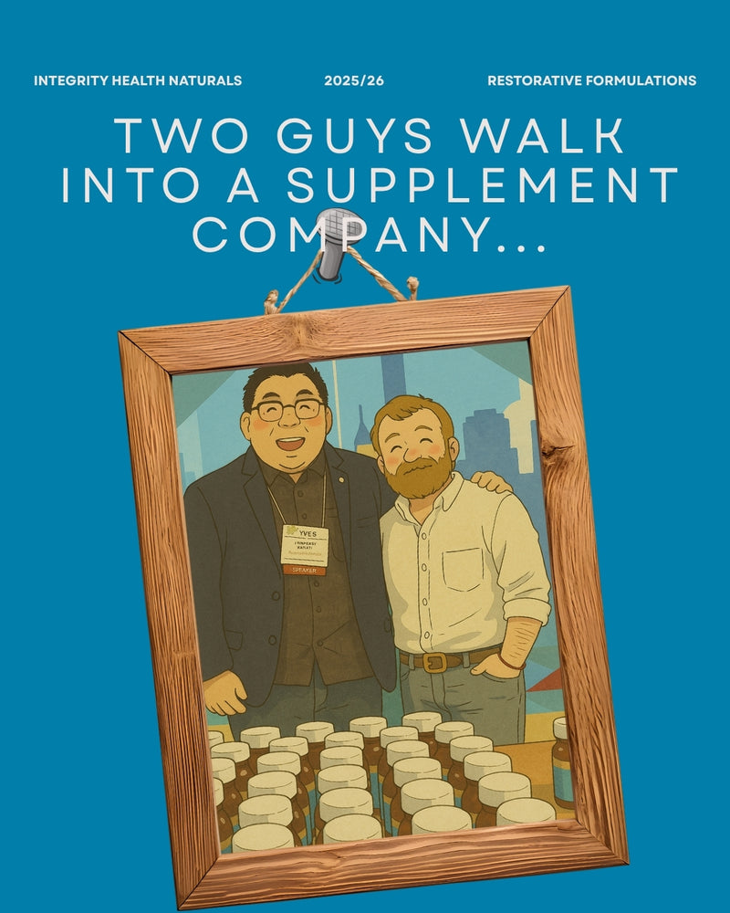 Illustration of two men standing behind a counter with supplement bottles, framed by a wooden picture frame on a blue background with text about Integrity Health Naturals.