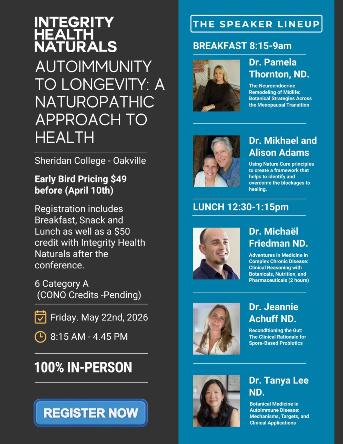 Promotional flyer for an event at Integrity Health Naturals with a list of speakers and registration details.